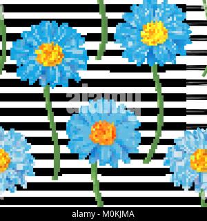 Beautiful seamless pattern with blue gerbera flowers on striped background. Hand painted brush strokes. Vector illustration Stock Vector