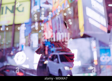 Double Exposure of asian woman in New York City, Times Square Stock Photo