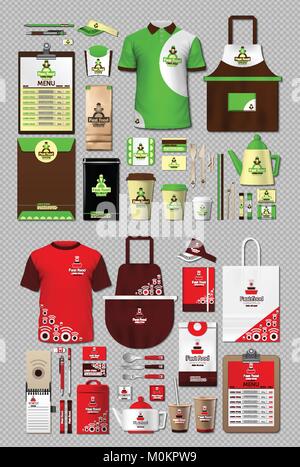Business fastfood corporate identity items set. Vector fastfood Color promotional uniform, apron, menu, timetable, coffee cups design with logos. Work Stock Vector