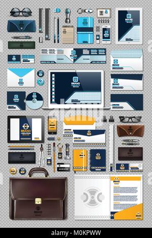 Business corporate identity stationary items set. Vector working articles phone, tablet, maps, cards with brand logos. Work Stuff Stationery 3d realis Stock Vector