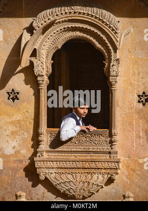 The ornate yellow sandstone carved Patwon Ji Ki Haveli, Jaisalmer, Rajasthan, India Stock Photo