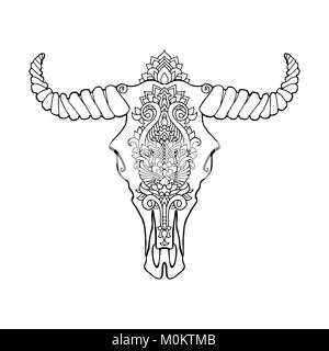 Mandala tattoo style dead cow head. Decorative ornament buffalo skull. Native indian art. Ethnic sketch design. Tribal boho style pattern. Vector illustration.