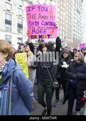 Hundreds of thousands of New Yorkers attended the Women's March in New York City on the one year anniversary of Donald Trump's innauguration, Jan.20,  Stock Photo