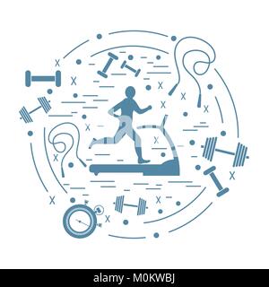 Vector illustration of the man jogging on a treadmill and different kinds of sports equipment arranged in a circle. Including icons of skipping rope,  Stock Vector