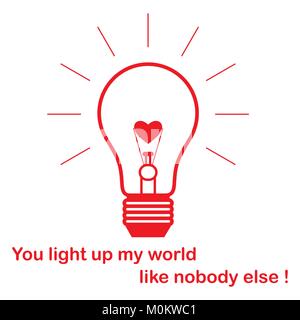 Glowing light bulb with glower in the shape of a heart and the inscription. Design for banner, poster or print. Greeting card Valentine's Day. Stock Vector