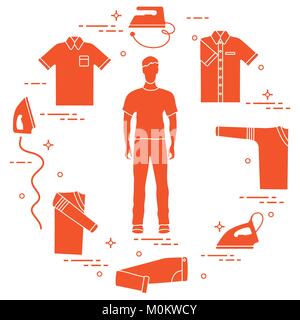 Silhouette of a man, irons and different clothes. Design for banner and print. Stock Vector