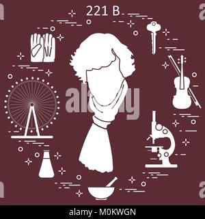 Private detective Sherlock Holmes with variety tools and equipment. The hero of the popular TV series. Design for announcement, print. Stock Vector