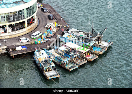 View of fishing boats anchored in the harbour, Sandakan, Sabah, Borneo, Malaysia Stock Photo