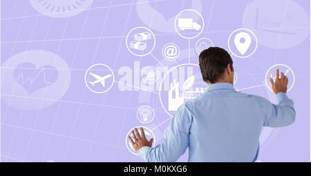 Man touching circle interface with purple background Stock Photo
