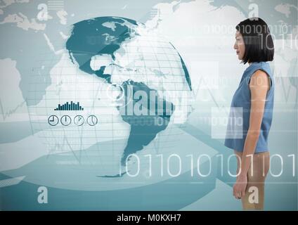 Woman looking at globe with digits surrounding her Stock Photo