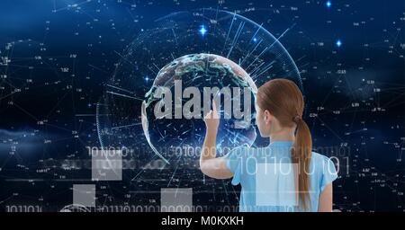 Woman clicking on digital globe Stock Photo