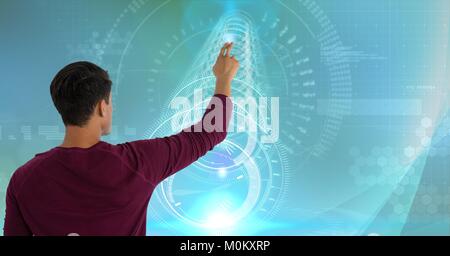 Man touches interface screen in digital domain world Stock Photo