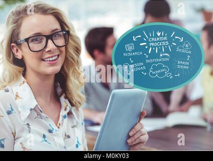 Woman facing out with creative doodle in bubble beside her Stock Photo