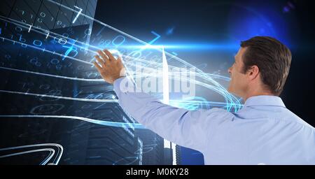 Man touches binary stream Stock Photo