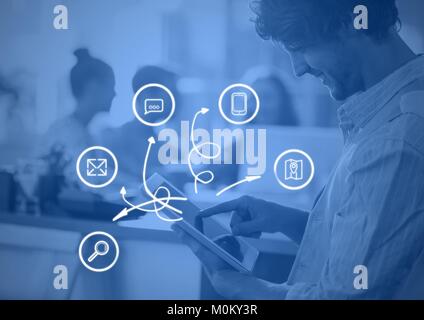 Business man writing on tablet with graph overlays Stock Photo