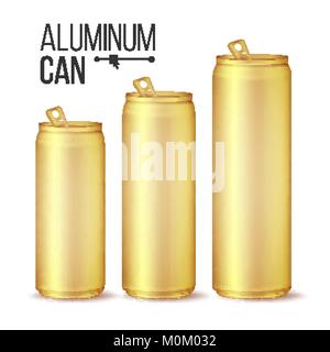 Realistic Can Vector. Package Design. Fizzy Pop, Lemonade, Cola. Gold, Yellow Can. Isolated On White Background Illustration Stock Vector