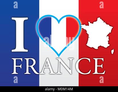 I Love France, illustration with flag, map and heart symbol, toristic place Stock Vector