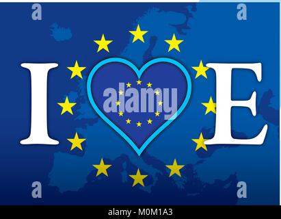 I Love Europe, illustration with flag, map and heart symbol Stock Vector