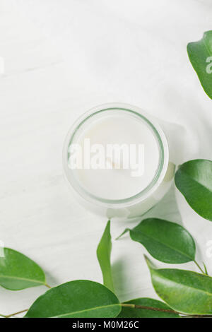 White Candle in Glass Jar Ficus Tree Branch with Young Fresh Green Leaves on White Wood Background. Styled Stock Photo for Social Media Blog. Wellness Stock Photo