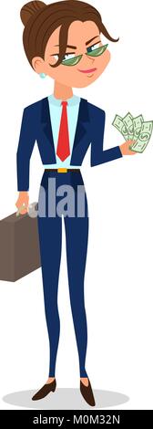 Vector cartoon girl in a suit holds cash and case Stock Vector