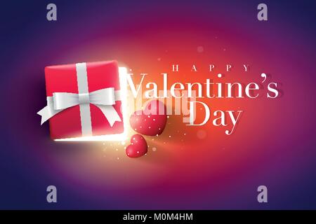 Valentines Day design. Couple of heart balloons, half open red gift box with magical lights and Happy Valentines Day text. Surprise concept. Ideal for Stock Vector