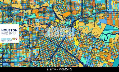 Houston, United States, Colorful Vector Artmap. Blue-Orange-Yellow Version for Website Infographic, Wall Art and Greeting Card Backgrounds. Stock Vector