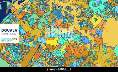 Douala, Cameroon, Colorful Vector Artmap. Blue-Orange-Yellow Version for Website Infographic, Wall Art and Greeting Card Backgrounds. Stock Vector