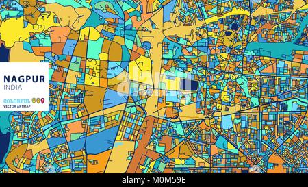 Nagpur, India, Colorful Vector Artmap. Blue-Orange-Yellow Version for Website Infographic, Wall Art and Greeting Card Backgrounds. Stock Vector