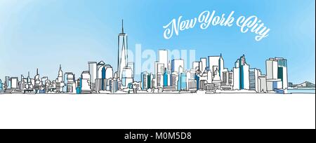 Sketch of New York City Skyline. Hand drawn vector illustration with modern Headline. Use for greeting card and travel marketing. Stock Vector