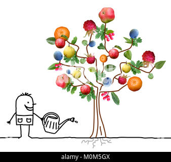 Cartoon Gardener Watering Multi Fruits Tree Stock Photo