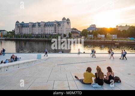 Norway,Oslo,Bjorvika Dock District,on the Opera esplanade by architect Tarald Lundevall at sunset Stock Photo