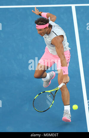 Melbourne, Australia. 23rd Jan, 2018. Spain's Rafael Nadal returns a shot during the men's singles quarterfinal against Croatia's Marin Cilic at Australian Open 2018 in Melbourne, Australia, Jan. 23, 2018. Credit: Bai Xuefei/Xinhua/Alamy Live News Stock Photo