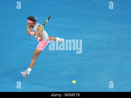 Melbourne, Australia. 23rd Jan, 2018. Spain's Rafael Nadal returns a shot during the men's singles quarterfinal against Croatia's Marin Cilic at Australian Open 2018 in Melbourne, Australia, Jan. 23, 2018. Credit: Bai Xuefei/Xinhua/Alamy Live News Stock Photo