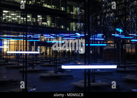 London, UK. 22nd January, 2018. Collectif Coin's new installation shows every pixel can move over its vertical axis up to five metres from the ground to represent the freezing of time. This artwork  is on public display at the Montgomery Square for the Canary Wharf Light Festival 2018. Credit: Fawcitt/Alamy Live News Stock Photo