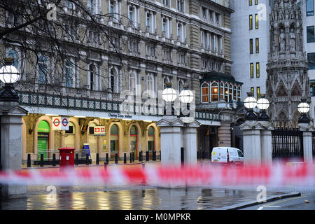 Charing Cross railway station in central London remains closed after some 1,450 people were evacuated from a nightclub and a hotel following a leak from a gas main. Stock Photo