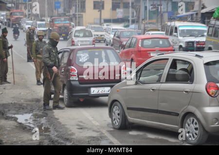 Policemen stand guard in Anantnag, Kashmir on January 23, 2018, ahead of Indian Republic Day on January 26. Stock Photo