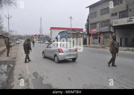 Policemen stand guard in Anantnag, Kashmir on January 23, 2018, ahead of Indian Republic Day on January 26. Stock Photo