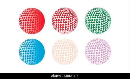 Set of multi-colored balls. A sphere made of a large number of hearts Stock Vector