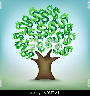 Green dollar leaves money tree. Abstract deposit investment cash plant. Growth business finance success illustration Stock Vector