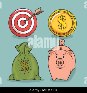 Set of money and banking related objects and elements. Hand drawn ...