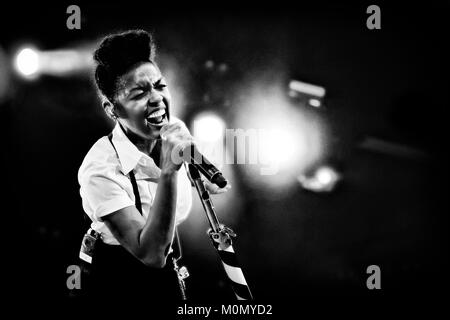 The American soul and R&B singer Janelle Monáe performs a live concert at the Arena Stage at Roskilde Festival 2012. Denmark 05/07/12. Stock Photo