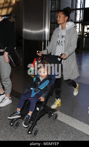 Thandie Newton and her son Booker arrive at Los Angeles International (LAX) Airport  Featuring: Thandie Newton, Booker Parker Where: Los Angeles, California, United States When: 22 Dec 2017 Credit: WENN.com Stock Photo