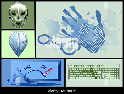 cyber crime set. with shield, skull and ill computer Stock Vector