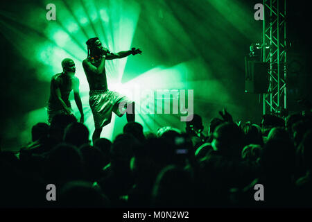 The American queer rapper and performance artist Michael Quattlebaum Jr is better known by his stage name Mykki Blanco and here performs a live concert at the Danish music festival Roskilde Festival 2013. Denmark, 05/07 2013. Stock Photo