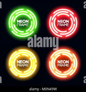 Neon light circles set. Shining round techno frame collection. Night club electric 3d banner on dark backdrop. Green red yellow orange neon abstract background with glow Technology vector illustration Stock Vector