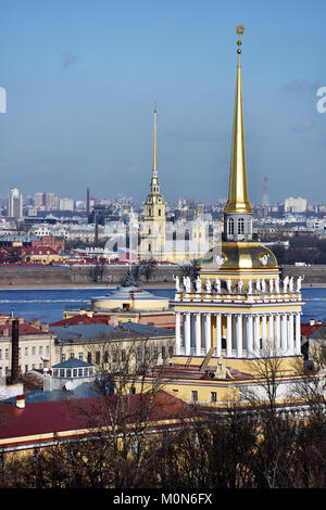 St. Petersburg, Russia - March 5, 2015: Cityscape viewed from the St. Isaacs Cathedral with the spire of Admiralty and the spire of the Peter and Paul Stock Photo