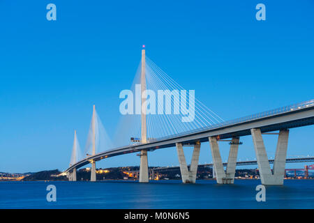 Dusk view of new Queensferry Crossing bridge spanning the River Forth at South Queensferry, Scotland, United Kingdom. Stock Photo