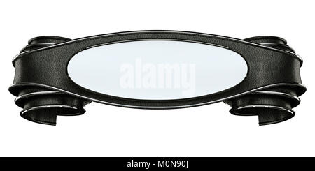 Black leather label with curles and space for text. on white Stock Photo