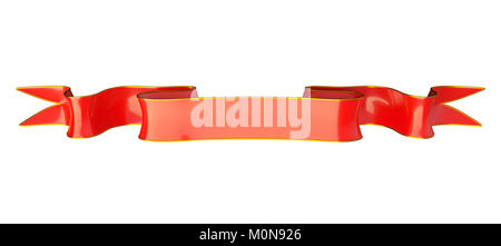 Red narrow ribbon with golden edging useful as badge or emblem. On white Stock Photo