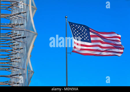 London, Battersea  The Stars and Stripes flag flying at the new American Embassy at Nine Elms Stock Photo